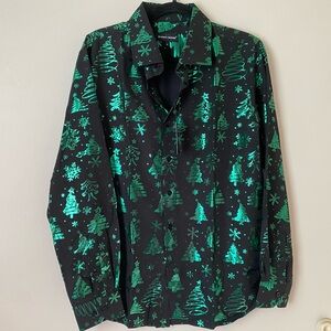 Barry Wang Men's Long Sleeve Black and Green Festive Dress Shirt. Medium. NWT